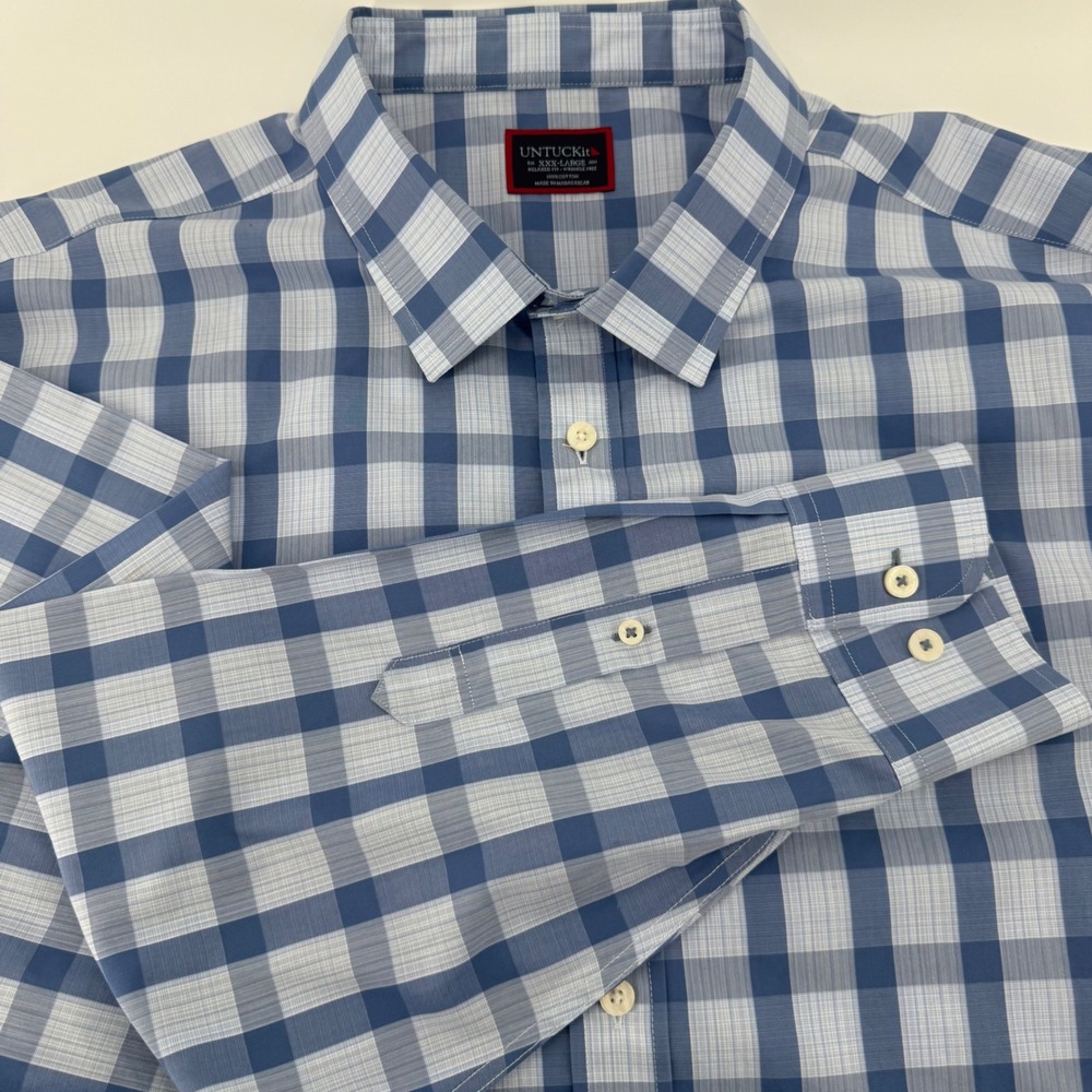 UNTUCKit Keaton WF Mens 3XL Relaxed Fit Wrinkle Free Blue Gingham Shirt 40461